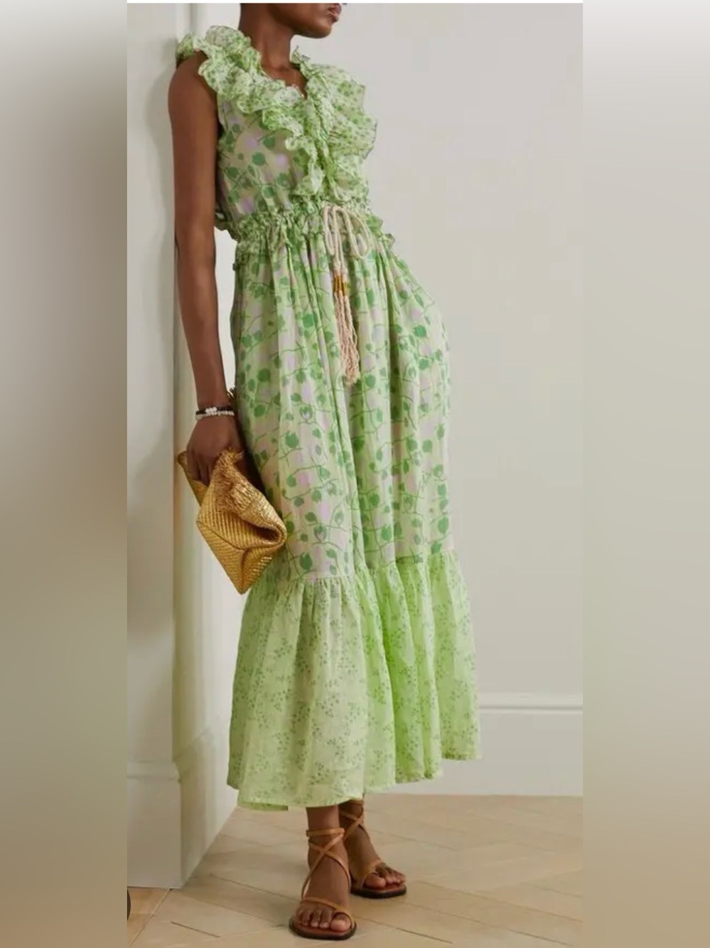 Light Green Floral Ruffle-Trim Maxi Dress
